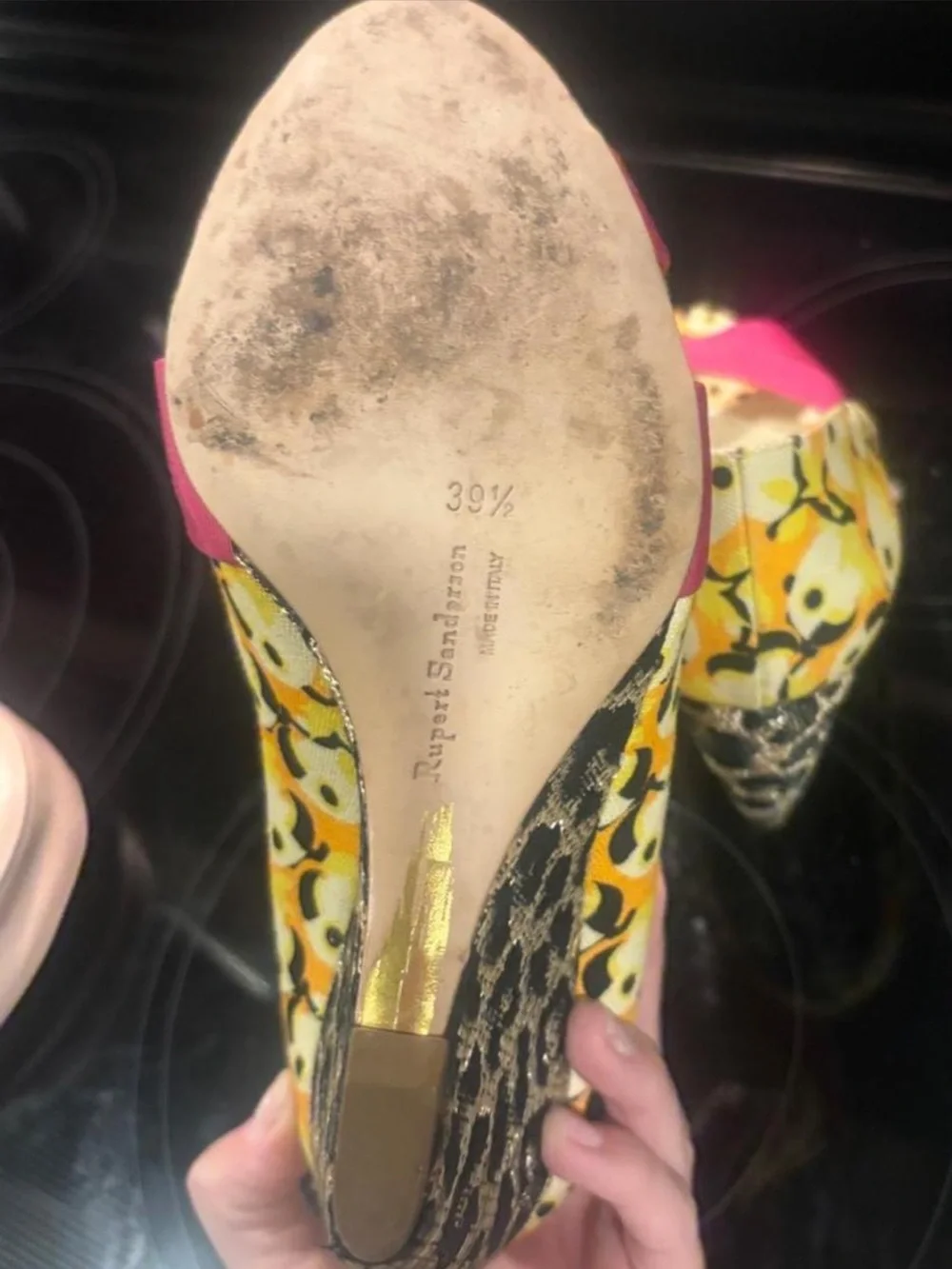 Rupert Sanderson Pink and Yellow Peep-Toe Wedge Heels Euro 39.5